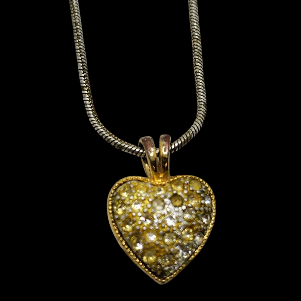 Puffy Heart Charm Necklace with Pavé Set Clear Stones in Yellow Gold Setting